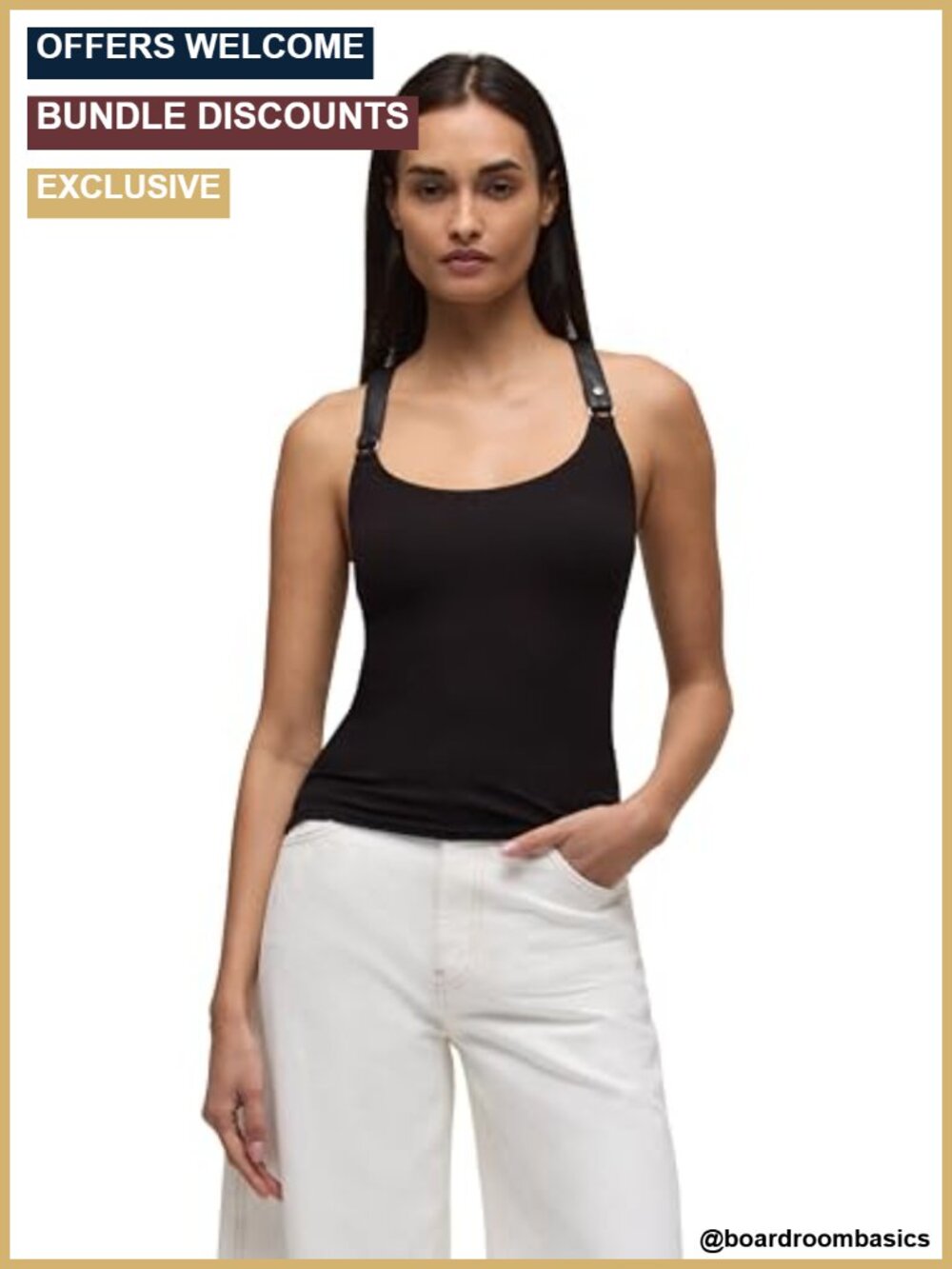 Faux Leather Straps Scoop Neck Fitted Rib Knit Tank Top Sleeveless